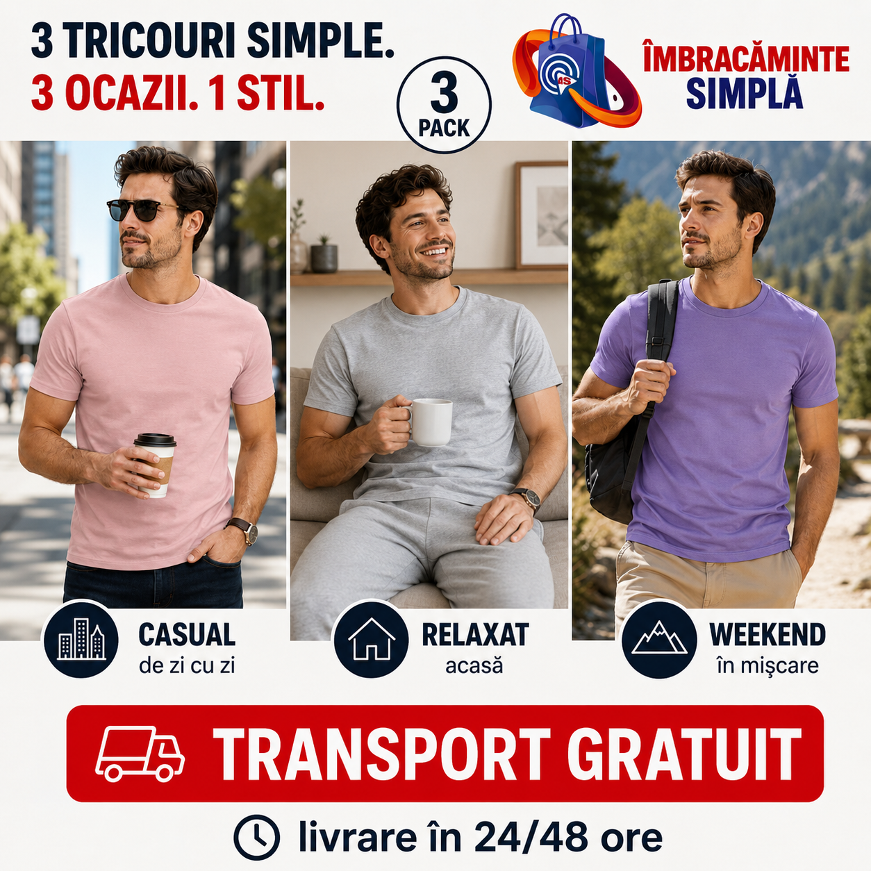 Tricouri bărbați roz gri deschis și orchid din bumbac 100% pentru ținute casual